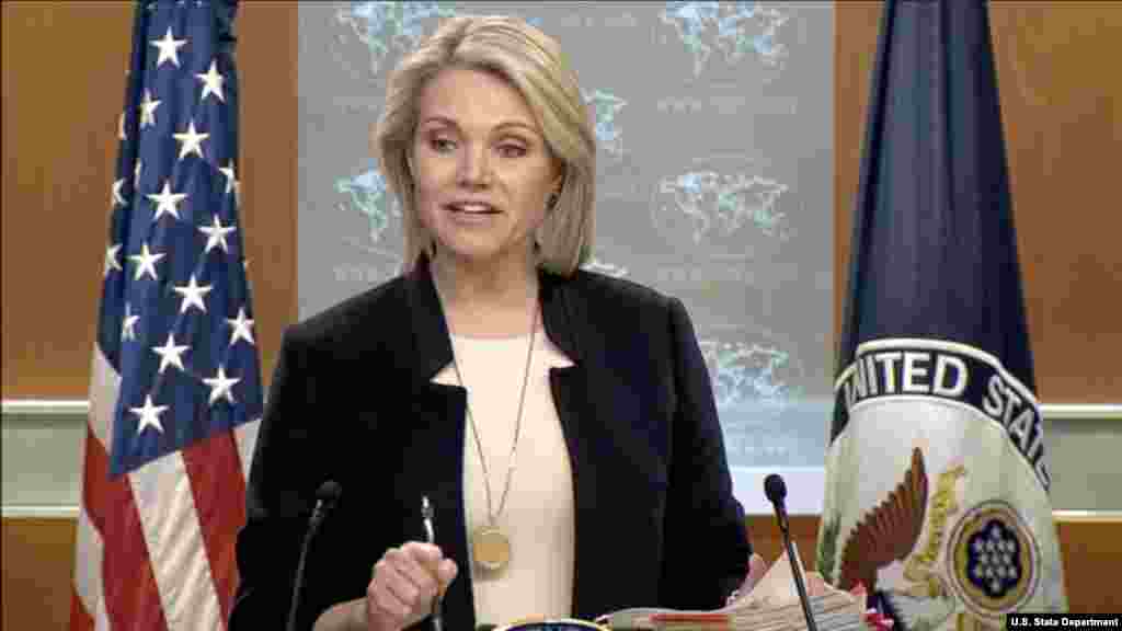 美国国务院发言人希瑟·诺尔特在记者会上(2018年2月27日)。诺尔特4月11日在她的官方推特上声援被捕维权律师王全璋的妻子李文足。她还呼吁中国当局释放所有“709”抓捕行动期间被捕的人。她的推文说:“李文足的勇气鼓舞着我们。中国未经审判而武断将她的丈夫、人权律师王全璋拘押了将近千日。我们呼吁中国释放王和所有在‘709’抓捕期间被拘押的人,包括江天勇和余文生。"  