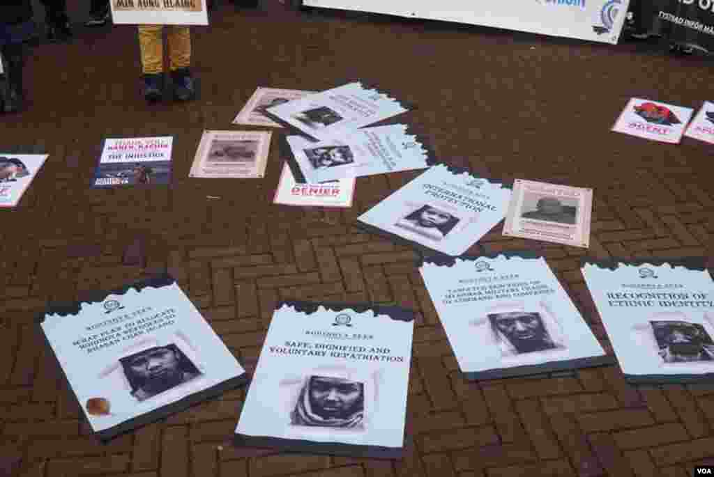 Kachin & Karen organizations joined protests with Rohingya groups . Around 100 people outside in total.