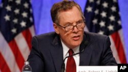 Đại diện Thương mại Mỹ Robert Lighthizer tại cuộc họp báo ở Washington ngày 16/8/2017 lúc bắt đầu các cuộc thương thuyết về NAFTA.