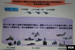 防卫省的资料也用图片说明了未来用X波段卫星取代现有卫星、统筹陆海空自卫队通讯功能 (美国之音歌蓝拍摄)