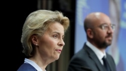 欧盟委员会主席冯德莱恩与欧洲理事会主席米歇尔在中欧视频峰会后在布鲁塞尔举行记者会。（2020年6月19日）