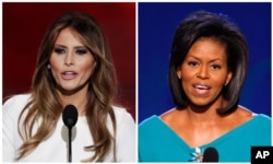 2016年7月18日,在共和党全国代表大会上,唐纳德·川普夫人梅拉尼亚·川普发表演说(左)。2008年8月25日,在民主党全国代表大会上,奥巴马夫人米歇尔·奥巴马发表演讲。