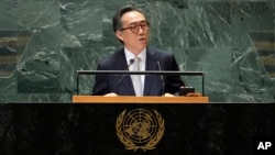 조태열 한국 외교부 장관이 27일 유엔총회에서 연설하고 있다.