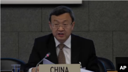 中国商务部副部长王受文2018年7月11日在世贸组织会上发言(美联社)