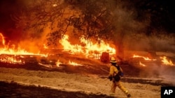 一名美国加州的消防队员查看山火火情。(2020年10月1日)