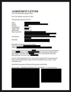 Salah satu surat perjanjian penipuan investasi dengan Skema Ponzi (foto: courtesy).