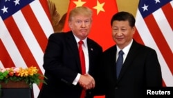 美国总统川普与中国国家主席习近平在北京人大会堂举行联合记者会时握手。(2017年11月9日)