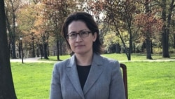 台湾驻美代表萧美琴2021年4月8日在双橡园举行华文媒体简报(美国之音锺辰芳拍摄)