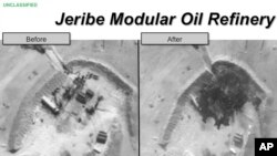 Hình ảnh do Ngũ Giác Đài cung cấp cho thấy nhà máy lọc dầu ở Syria trước và sau cuộc không kích của Mỹ.