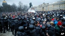 资料照片：俄罗斯民众抗议囚禁纳瓦尔尼的示威游行。（2021年1月23号）