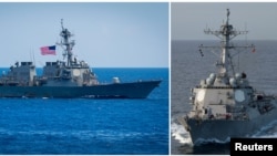 左图：美国海军本福德号导弹驱逐舰在太平洋（2018年6月15日）。右图：美国马斯汀号导弹驱逐舰在太平洋（2018年2月19日）。这两艘导弹驱逐舰2018年7月航经台湾海峡。