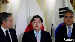 资料照片：2023年2月18日，美国国务卿安东尼·布林肯、日本外相林芳正和韩国外长朴振在慕尼黑举行的慕尼黑安全会议上。（路透社照片）
