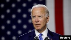 资料照:拜登在特拉华一个竞选集会上讲话。(2020年7月14日)