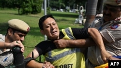 在中共建立政权75周年日,警察在中国驻新德里大使馆附近拘捕一名藏人抗议者。(2024年10月1日)