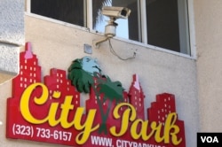 纪欣然公寓大门上的监视摄像机(美国之音国符拍摄)