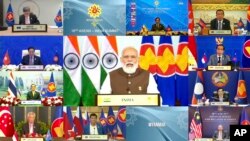 资料照片:印度总理莫迪在印度东盟峰会上讲话(2021年10月28日)