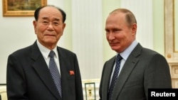 2018年6月14日,俄罗斯总统普京会晤朝鲜最高人民会议常任委员会委员长金永南。