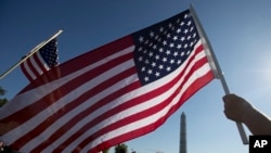 资料照:一人在华盛顿纪念碑附近挥舞美国国旗