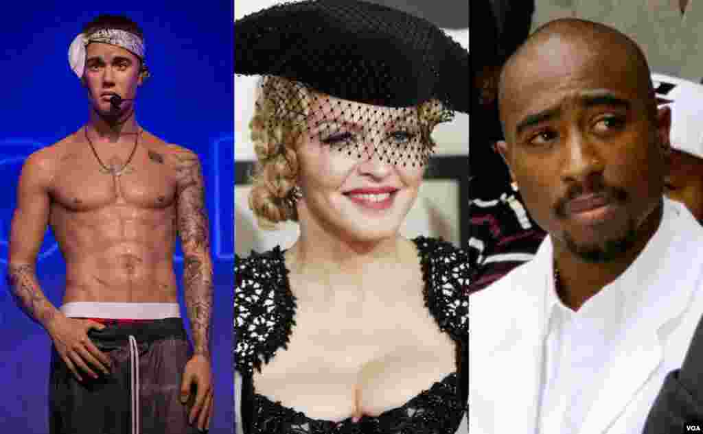 左图: 加拿大青年人气歌手贾斯汀·比伯(Justin Bieber)。中图:美国歌星麦当娜(Madonna)。右图:说唱歌手 Tupac。格莱美的中国合作伙伴腾踔娱乐公司的执行长霍绍文表示,在选择音乐艺术家方面,将主要是格莱美奖的被提名者或得奖者。他还说,他们将宣传具有积极健康形象的艺人。贾斯汀·比伯的世界巡回演唱会在中国遭到封杀,预订九月在上海和北京的演出被迫取消,巡回演唱后来中途喊卡。麦当娜是否能在中国演出?也成问题。