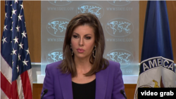 美国国务院发言人奥特加斯在国务院的例行记者会上。(2019年5月30日)