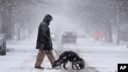 Seorang warga dan anjing peliharaannya berjalan melewati area di St. Louis, Missouri, di tengah salju lebat yang turun menyelimuti area tersebut pada 5 Januari 2025. (Foto: AP/Jeff Roberson)