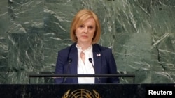 英国新首相特拉斯(Liz Truss)在联合国发表讲话。(路透社资料图)