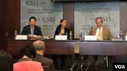 2017年6月28日,穆迪经济学家达格尔(中)和彼得森国际经济研究所的拉迪(右一)出席战略与国际研究中心关于中国债务问题的研讨会。(美国之音林枫拍摄)