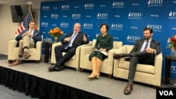 美国智库保卫民主基金会在华盛顿总部举行美台智库针对中国对台经济胁迫与金融战桌面演习的报告发布会专家座谈。(2024年10月4日,美国之音锺辰芳拍摄)