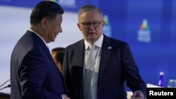 中国领导人习近平与澳大利亚总理阿尔巴尼斯在美国加州旧金山出席APEC峰会期间交谈。(2023年11月17日)