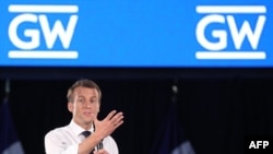 马克龙2018年4月25日在乔治·华盛顿大学发表演讲(法新社)