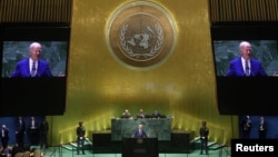 资料照片:美国总统拜登在纽约第78届联合国大会上发表讲话。(2023年9月19日)