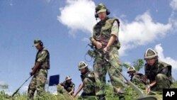 资料照片:韩国军人在首尔以北的涟川搜寻可能被暴雨从朝鲜半岛分隔南北方的非军事区冲刷到稻田的地雷。(2002年8月8日)