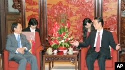 日本副首相麻生太郎(左)同中国副总理张高丽2015年6月5日在北京