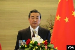 王毅在记者会上(美国之音莉雅拍摄)