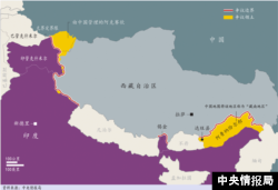 中国与印度边界示意图,红线为两国有争议边界,黄色区域为有争议领土。