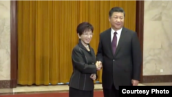 2016年11月1日时任台湾国民党主席的洪秀柱在北京与中国国家主席习近平握手(取自洪秀柱脸书)