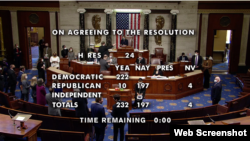 美国国会众议院星期三(1月13日)通过决议,对特朗普总统进行二度弹劾。