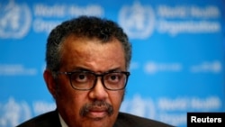 FILE - Director General of the World Health Organization (WHO) Tedros Adhanom Ghebreyesus attends a news conference in Geneva, Switzerland, Feb. 28, 2020.