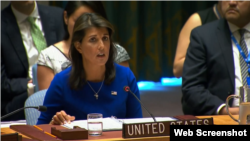 美国驻联合国大使黑利在安理会讨论缅甸问题的会议上发言(美国驻联合国代表团网站截图)