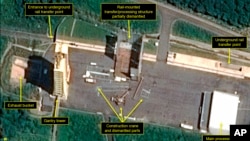 2018年7月22日的卫星图片显示朝鲜西海卫星发射中心的一个引擎测试架部分拆除