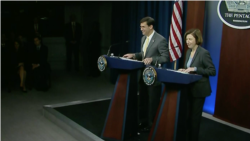 美国和法国防长2020年1月27日在五角大楼共同见记者(美国国防部视频截图)