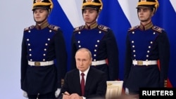 俄罗斯总统普京在莫斯科克里姆林宫出席俄罗斯吞并乌克兰四个地区的庆祝仪式。(2022年9月30日)