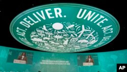 美国副总统卡马拉·哈里斯于2023年12月2日在阿拉伯联合酋长国迪拜举行的COP28联合国气候峰会上发表讲话。(美联社)