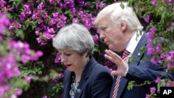 美国总统川普与英国首相特蕾莎梅今年5月在意大利会面。(资料照片)