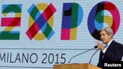 美国国务卿克里在意大利米兰世博会上发表讲话。(2015年10月17日)