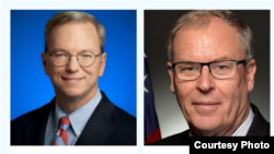 谷歌前首席执行官埃里克·施密特(Eric Schmidt )(左)和美国前副国防部长沃克(Robert Work)是国家人工智能安全委员会的正副主席