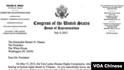 沃尔夫议员致奥巴马总统的信(来源:沃尔夫议员办公室)