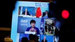 资料照片:国际货币基金组织总干事、前世界银行行长格奥尔基耶娃在北京举行的第五次“1+6”圆桌对话后通过视频连线参加一次记者会。(2020年11月24日)