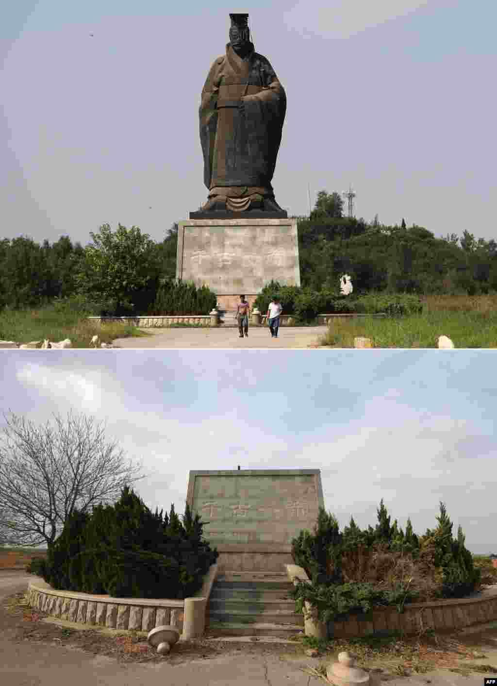 上图:2015年9月7日,中国山东滨州的秦始皇像,底座上刻着“千古一帝”。这座铜像高18.9米、重6吨,于2005年在滨州秦皇台风景区落成。下图:2018年4月9日,该秦始皇像的底座,而秦始皇像此前被大风吹倒而挪走。