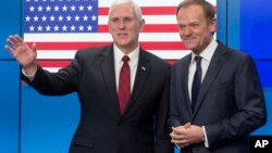 (资料图)美国副总统彭斯与欧盟理事会主席图斯克于布鲁塞尔会面。